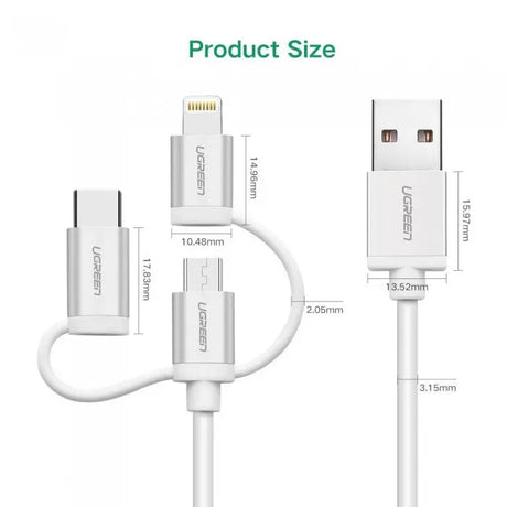 Ugreen 1.5M 3 In 1  USB 2.0 Multifunction Cable With Braid, Usb A to Usb C/ Lightning/ Micro Usb Cable, Silver(50203) - Ugreen India