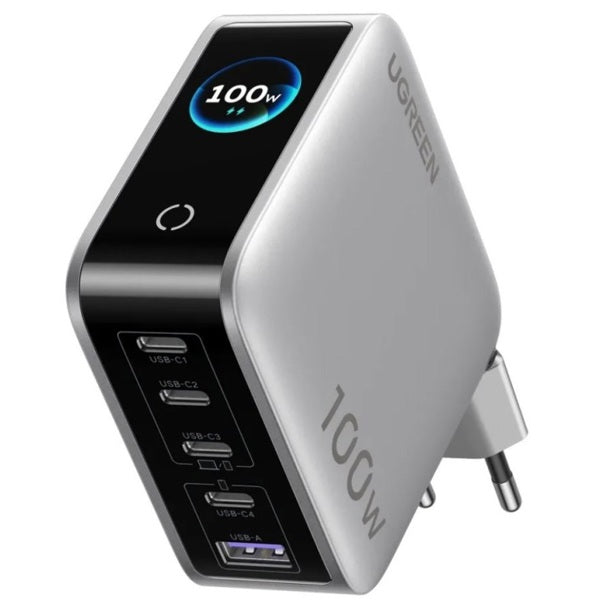 UGREEN Nexode Pro X773 100W 5-Port GaN Charger with Smart Display – 4 USB-C + USB-A (65620B) + Schuko to Indian Plug Adapter