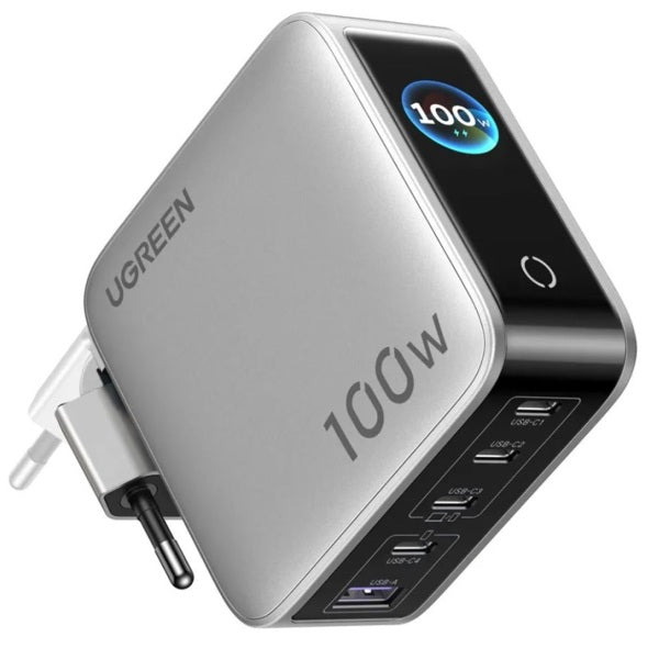 UGREEN Nexode Pro X773 100W 5-Port GaN Charger with Smart Display – 4 USB-C + USB-A (65620B) + Schuko to Indian Plug Adapter