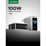 UGREEN Nexode Pro X773 100W 5-Port GaN Charger with Smart Display – 4 USB-C + USB-A (65620B) + Schuko to Indian Plug Adapter