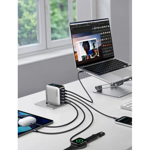 UGREEN Nexode Pro X773 100W 5-Port GaN Charger with Smart Display – 4 USB-C + USB-A (65620B) + Schuko to Indian Plug Adapter