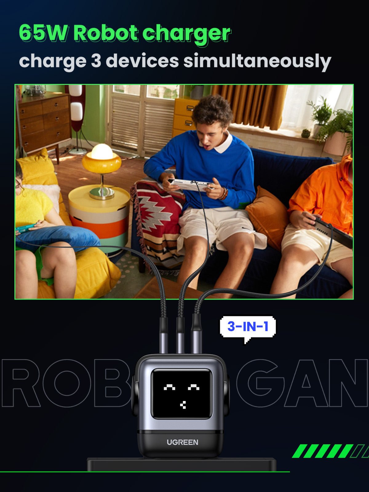 UGREEN Uno RobotGaN 25685B 65W 3-port charger, black, charges three devices simultaneously