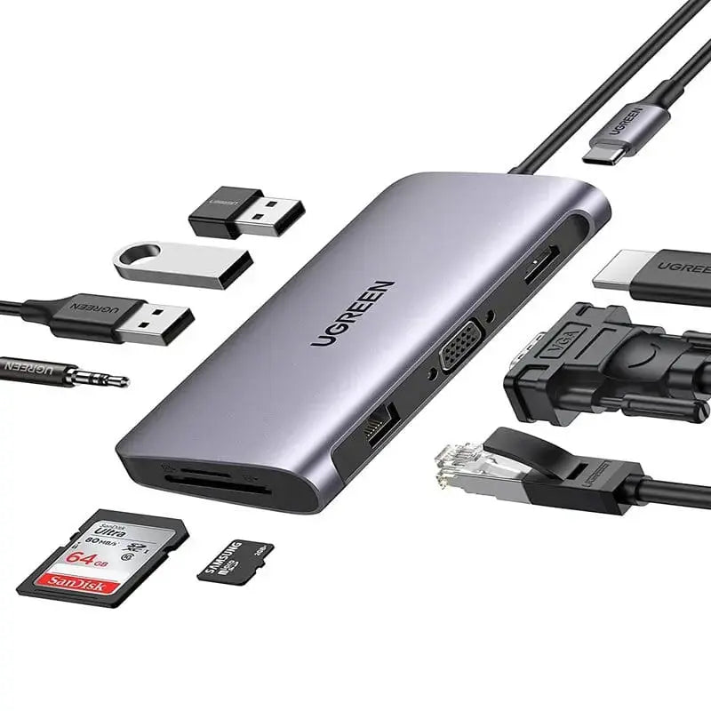 UGREEN 10 in 1 Usb C Docking Station With Ethernet, 4K USB C to HDMI, VGA, PD Power Delivery, 3*USB 3.0 Ports, USB C to 3.5mm, SD/TF Cards Reader for MacBook/Pro/Air and Type C Windows Laptops (80133) - Ugreen India