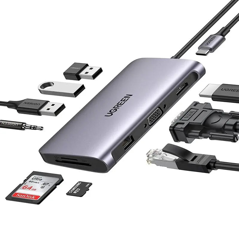 UGREEN 10 in 1 Usb C Docking Station With Ethernet, 4K USB C to HDMI, VGA, PD Power Delivery, 3*USB 3.0 Ports, USB C to 3.5mm, SD/TF Cards Reader for MacBook/Pro/Air and Type C Windows Laptops (80133) - Ugreen India