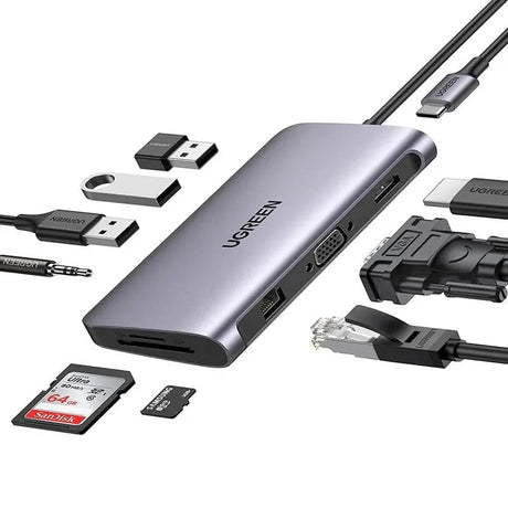 UGREEN 10 in 1 Usb C Docking Station With Ethernet, 4K USB C to HDMI, VGA, PD Power Delivery, 3*USB 3.0 Ports, USB C to 3.5mm, SD/TF Cards Reader for MacBook/Pro/Air and Type C Windows Laptops (80133) - Ugreen India