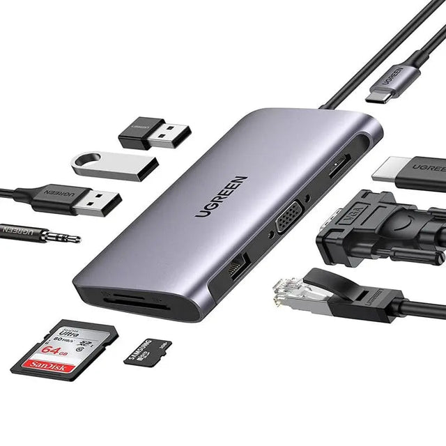 UGREEN 10 in 1 Usb C Docking Station With Ethernet, 4K USB C to HDMI, VGA, PD Power Delivery, 3*USB 3.0 Ports, USB C to 3.5mm, SD/TF Cards Reader for MacBook/Pro/Air and Type C Windows Laptops (80133) - Ugreen India