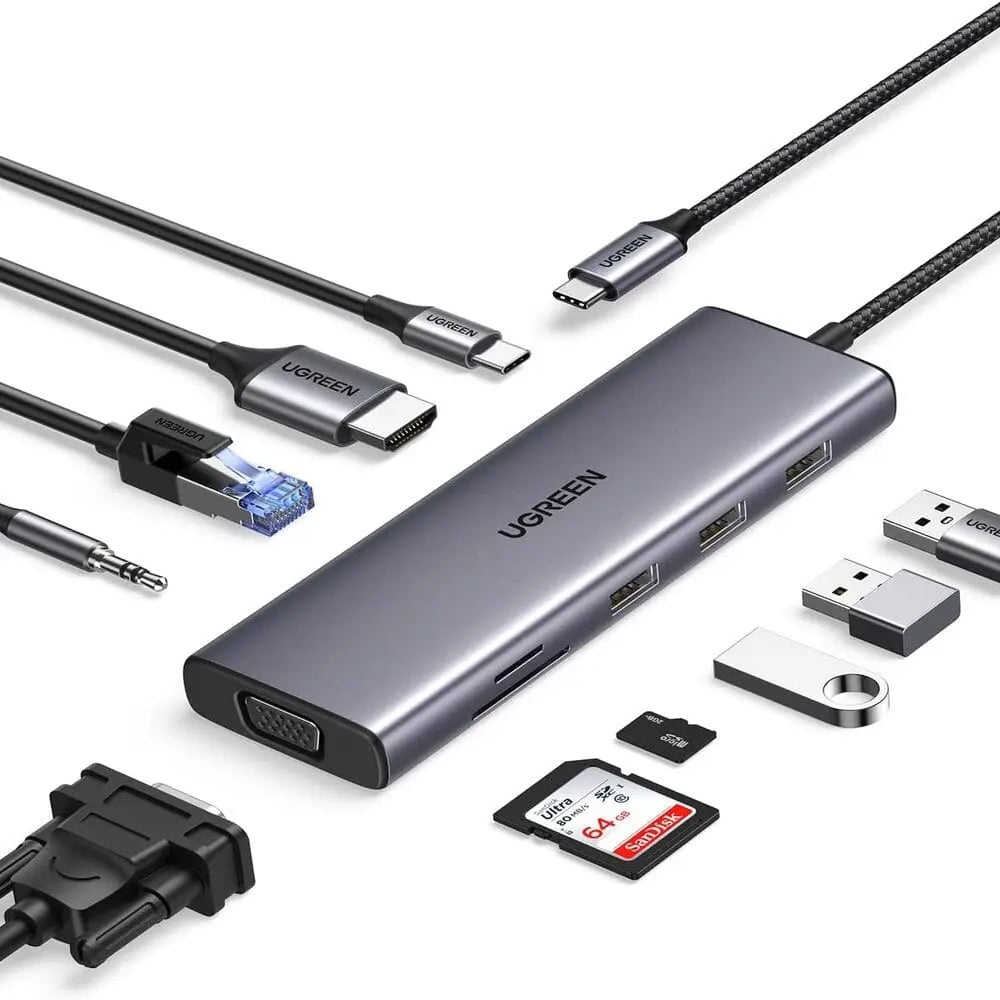 UGREEN 10 - in - 1 USB - C Multiport Docking Station With 4K HDMI & VGA Dual Monitor, 1Gbps Ethernet, 100W PD, 3*USB 3.0 Ports, 3.5mm Audio Jack, SD/TF Card Slots for Laptop, Tablet (15601) - Ugreen India