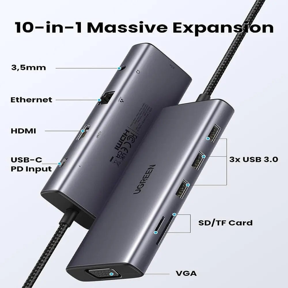 UGREEN 10 - in - 1 USB - C Multiport Docking Station With 4K HDMI & VGA Dual Monitor, 1Gbps Ethernet, 100W PD, 3*USB 3.0 Ports, 3.5mm Audio Jack, SD/TF Card Slots for Laptop, Tablet (15601) - Ugreen India