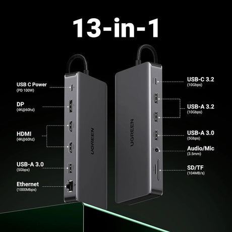 UGREEN 13 - in - 1 USB C Hub Triple Display Docking Station, 4K HDMI & DP, 100W PD Charging, 10Gbps USB 3.2, Gigabit Ethernet, SD/TF Card Reader, Audio Jack – Multifunctional USB C Adapter Compatible with MacBook, Windows, Chromebook (15978) - Ugreen India