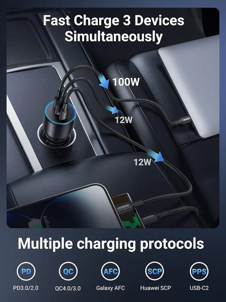 UGREEN 130W USB C Car Charger, PD 100W + PD 30W Type C Car Charging Adapter Compatible With iPhone 15 15 Plus 15 Pro 15 Pro Max, iPad, MacBook, and More (90413) - Ugreen India