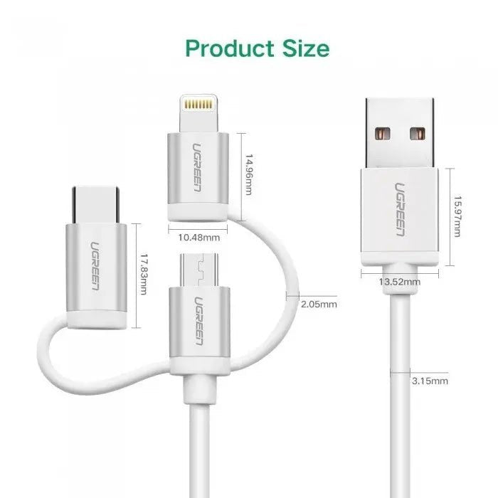 Ugreen 1.5M 3 In 1 USB cable 2.0 Multifunction Cable With Braid, Usb A to Usb C/ Lightning/ Micro Usb Cable, Silver(50203) - Ugreen India