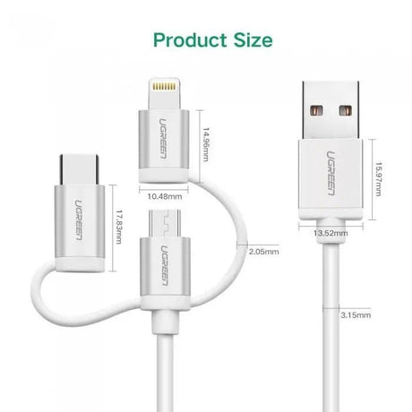 Ugreen 1.5M 3 In 1 USB cable 2.0 Multifunction Cable With Braid, Usb A to Usb C/ Lightning/ Micro Usb Cable, Silver(50203) - Ugreen India