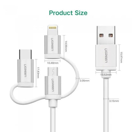 Ugreen 1.5M 3 In 1 USB cable 2.0 Multifunction Cable With Braid, Usb A to Usb C/ Lightning/ Micro Usb Cable, Silver(50203) - Ugreen India