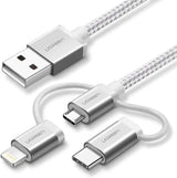 Ugreen 1.5M 3 In 1 USB cable 2.0 Multifunction Cable With Braid, Usb A to Usb C/ Lightning/ Micro Usb Cable, Silver(50203) - Ugreen India