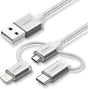 Ugreen 1.5M 3 In 1 USB cable 2.0 Multifunction Cable With Braid, Usb A to Usb C/ Lightning/ Micro Usb Cable, Silver(50203) - Ugreen India