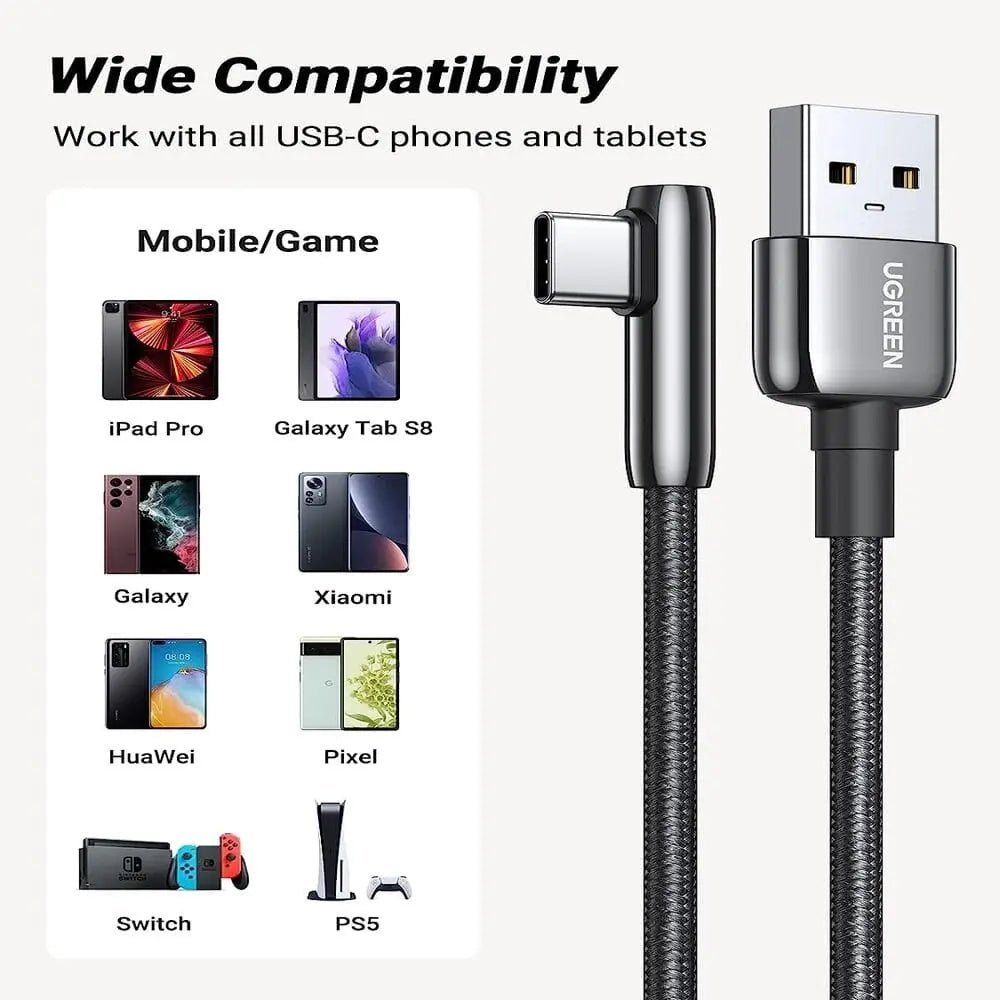 UGREEN 1m USB A 2.0 Right Angle 90 Degree Male to Usb C Male Braided Cable with Zinc Alloy Shell Compatible for Samsung Galaxy S10 S10e S9 Plus Note 9 8, LG G8 G7 V40 V20 V30, Moto Z Z3, Nintendo Switch etc. (70413) - Ugreen India