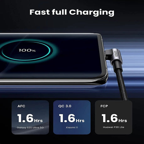 UGREEN 1m USB Type C Male to USB - A Right Angle 90 Degree Male Double Nylon Braided QC 3.0 Data Cable with Nickel Plated Connector & Aluminum Shell (50941) - Ugreen India