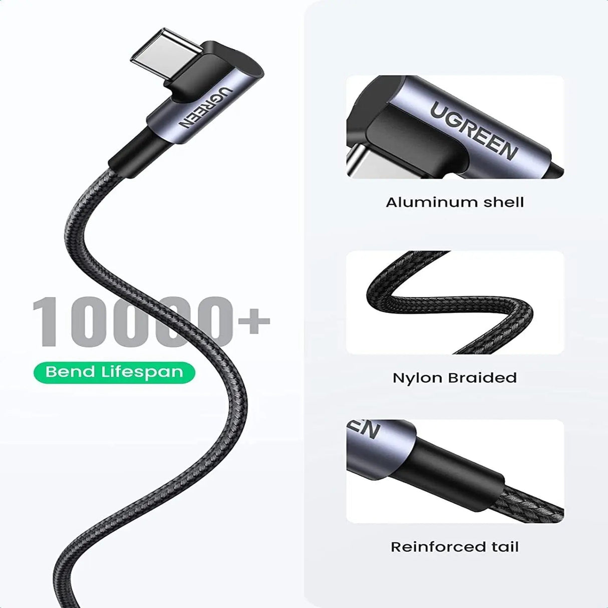 UGREEN 1m USB Type C Male to USB - A Right Angle 90 Degree Male Double Nylon Braided QC 3.0 Data Cable with Nickel Plated Connector & Aluminum Shell (50941) - Ugreen India