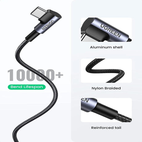 UGREEN 1m USB Type C Male to USB - A Right Angle 90 Degree Male Double Nylon Braided QC 3.0 Data Cable with Nickel Plated Connector & Aluminum Shell (50941) - Ugreen India