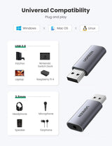 UGREEN 2 - in - 1 USB External Sound Card Audio Adapter, USB to 3.5mm Headphone & Microphone Jack Converter, Plug & Play Stereo Audio Adapter for PC, Laptop, PS5, PS4, Windows, Mac, Linux (80864) - Ugreen India