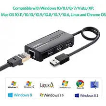 UGREEN RJ45 ईथरनेट एडाप्टर 3*USB 2.0 हब USB नेटवर्क एडाप्टर 10/100Mbps के साथ Nintendo स्विच Wii Windows Surface Pro MacBook Air Retina Chromebook और अधिक PC आदि के लिए संगत. (20264) 