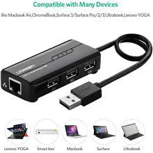 UGREEN RJ45 ईथरनेट एडाप्टर 3*USB 2.0 हब USB नेटवर्क एडाप्टर 10/100Mbps के साथ Nintendo स्विच Wii Windows Surface Pro MacBook Air Retina Chromebook और अधिक PC आदि के लिए संगत. (20264) 