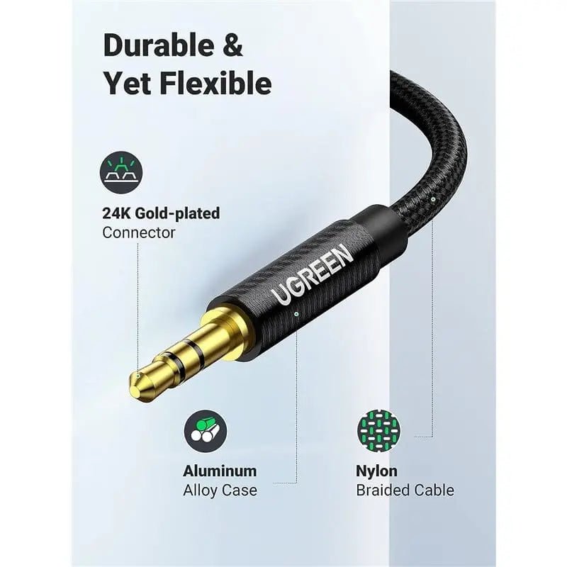 UGREEN 2M 3.5mm Male To Male Stereo Auxiliary Audio Cable Gold - Plated Metal Case Braided Cable For Car, Home Stereos, Headphone, Speaker, MP3, Compatible with Beats, iPhone, iPod, iPad, Sony etc. (50363) - Ugreen India