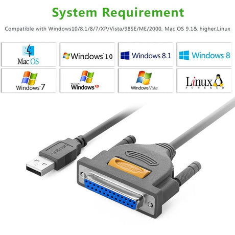 Ugreen 2m USB 2.0 Male To DB25 Female Parallel Printer Adapter Cable For Printer, Inkjet, Laser etc. - Gray (20224) - Ugreen India