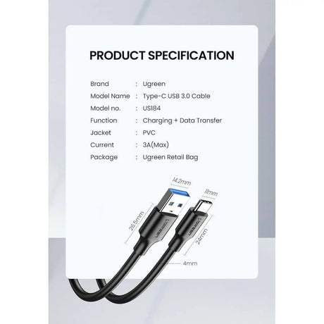 UGREEN 2M USB 3.0 A Male to Type C Male Cable Nickel Plating for Charging Adapter, Smartphone (20884) - Ugreen India