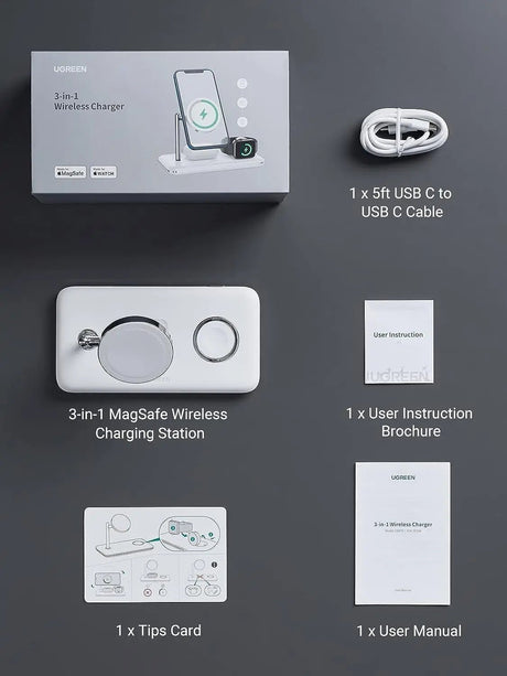 UGREEN 3 - in - 1 MagSafe Wireless Charging Station, 25W Fast Magnetic Charger Stand for iPhone 15/14/13/12 Series, AirPods, and Apple Watch, Foldable Desk Charger Dock – White (90326) - Ugreen India
