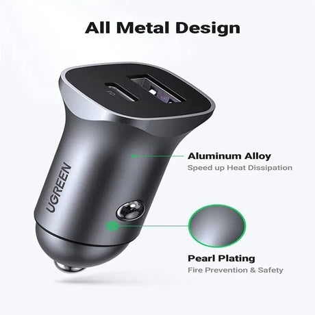 UGREEN 30W USB C + USB A Dual Port Car Charger, Mini Aluminum Alloy Case PD 3.0/QC 3.0 Fast Charging Compatible with iPhone 13/12 Pro/Max/XR/XS, iPad Pro/Air, Galaxy S22/S21 etc. (40858) - Ugreen India