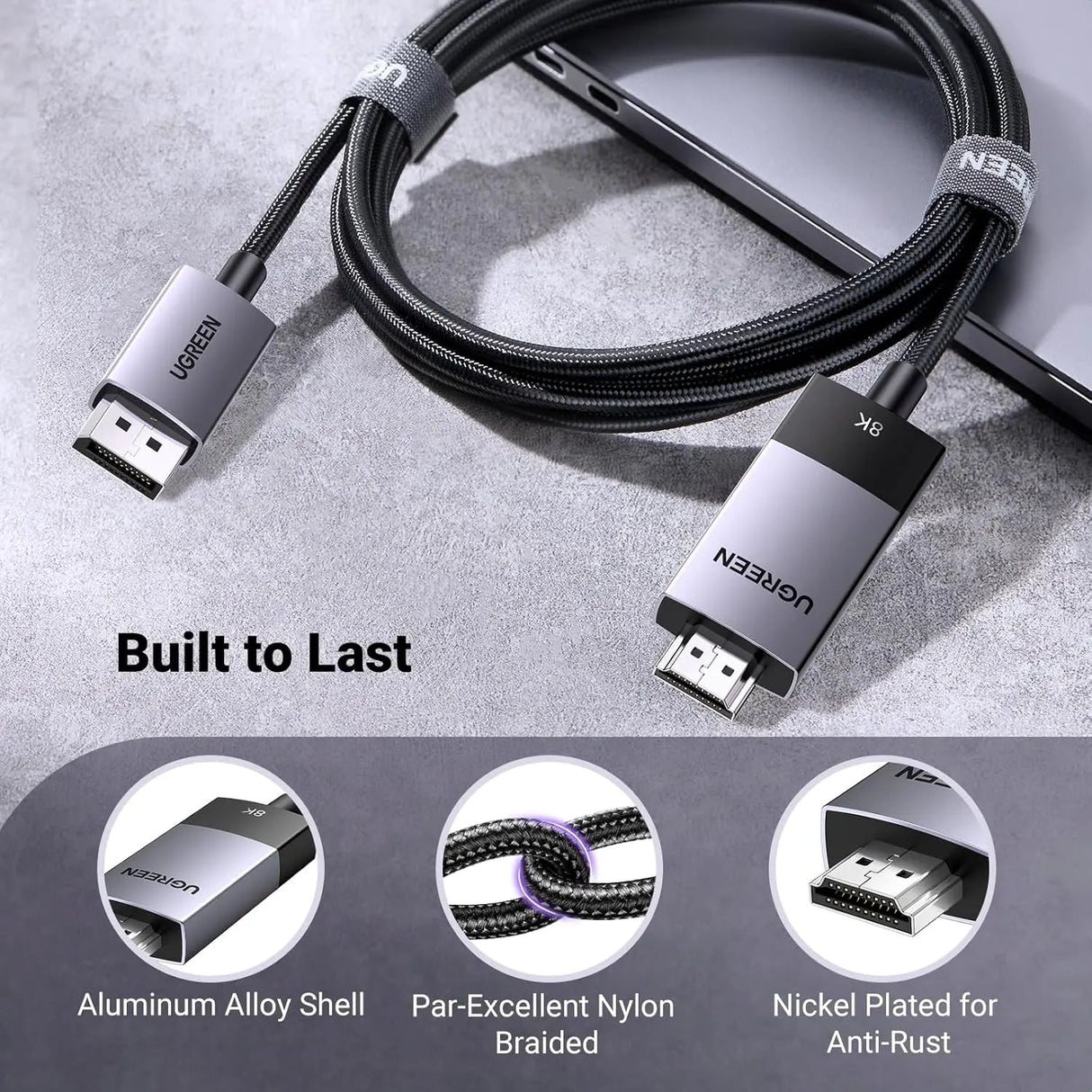 UGREEN 3.3FT/1M Unidirectional DisplayPort to HDMI Cable 8K@60Hz 4K@120Hz Active DP 1.4 to HDMI 2.1 Cord HDR, Dolby, HDCP2.3, DSC1.2a, 32.4Gbps Braided Compatible with Monitor, Dell, HP, HDTV, AMD NVIDIA (80395) - Ugreen India