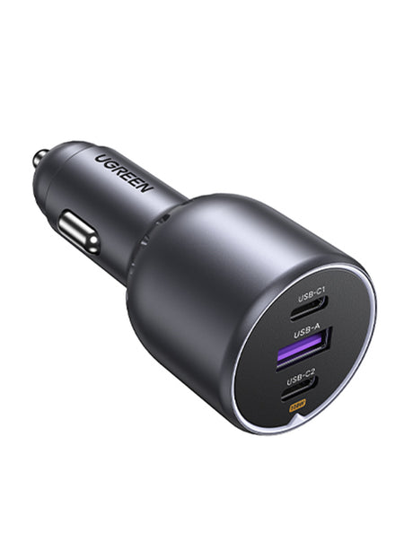 UGREEN 35025 EC705 130W car charger showing two USB-C ports and one USB-A port
