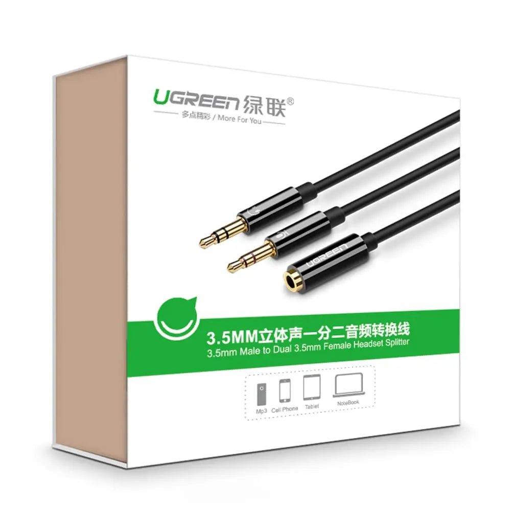 UGREEN 3.5mm Audio Splitter Cable, 20cm Female to Dual 3.5mm Male Adapter with ABS Case, Headphone & Mic Y - Splitter for PC, Laptop, Smartphone (20898) - Ugreen India