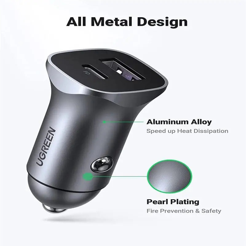 UGREEN 30W USB C + USB A Dual Port Car Charger, Mini Aluminum Alloy Case PD 3.0/QC 3.0 Fast Charging Compatible with iPhone 13/12 Pro/Max/XR/XS, iPad Pro/Air, Galaxy S22/S21 etc. (40858) - Ugreen India