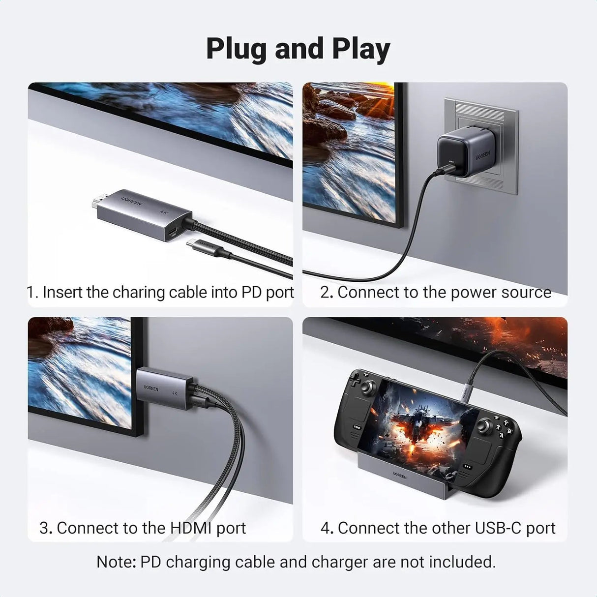 UGREEN 4K@60Hz Unidirectional USB C to HDMI Cable 2M with 100W PD Fast Charging Adapter 2 - in - 1 Thunderbolt Type C Compatible with iPhone 16 Pro Max, SteamDeck, MacBook, iPad, Galaxy S24, XPS (55330) - Ugreen India