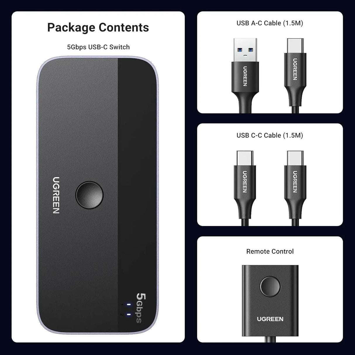 UGREEN 5Gbps USB C Switch 2 PCs Sharing 4 USB Devices for 2 Computers Sharing Keyboard, Mouse, Webcam, Printer with 2 USB C Data Cables and Remote (25098) - Ugreen India