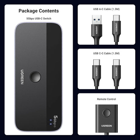 UGREEN 5Gbps USB C Switch 2 PCs Sharing 4 USB Devices for 2 Computers Sharing Keyboard, Mouse, Webcam, Printer with 2 USB C Data Cables and Remote (25098) - Ugreen India