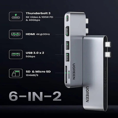 UGREEN 6 In 2 USB C Hub Adapter for MacBook Pro MacBook Air M1 2020 2019 2018 with 4K HDMI Thunderbolt 3 100W Power Delivery SD TF Card Reader and 2 USB 3.0 Ports - Silver (80856) - Ugreen India