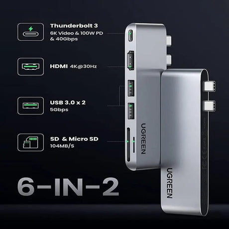 UGREEN 6 In 2 USB C Hub Adapter for MacBook Pro MacBook Air M1 2020 2019 2018 with 4K HDMI Thunderbolt 3 100W Power Delivery SD TF Card Reader and 2 USB 3.0 Ports - Silver (80856) - Ugreen India