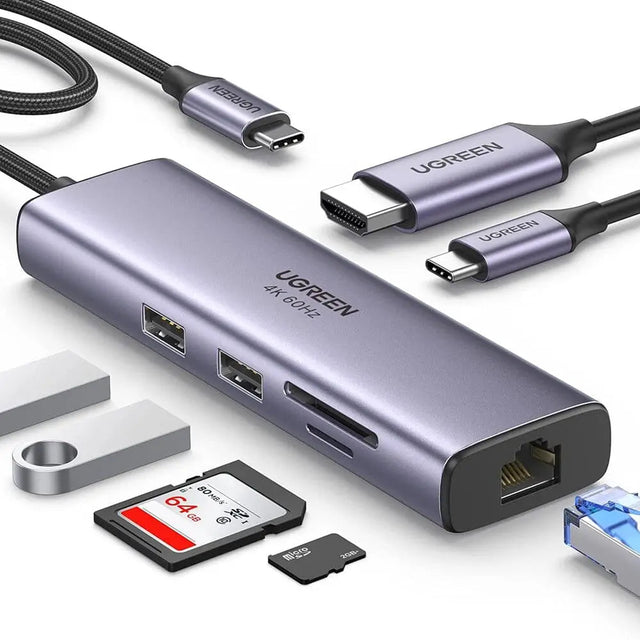 Ugreen 7 In 1 Multi - Functional Adaptor With 4K@60Hz HDMI, Gigabit Ethernet, 2*USB 3.0 Ports, 100W Power Delivery, SD/TF Card Reader For MacBook Dell Surface HP, and More (60515) - Ugreen India