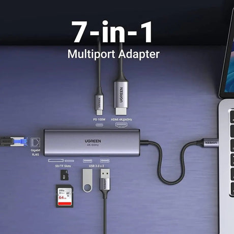 Ugreen 7 In 1 Multi - Functional Adaptor With 4K@60Hz HDMI, Gigabit Ethernet, 2*USB 3.0 Ports, 100W Power Delivery, SD/TF Card Reader For MacBook Dell Surface HP, and More (60515) - Ugreen India