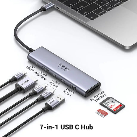 UGREEN USB-C 7 IN 1 Multifunctional Adapter, 1*HDMI, 2*USB-C 3.2, 1*USB-A 3.2, 1*SD/TF, 1* 100W PD (45521) - Ugreen India