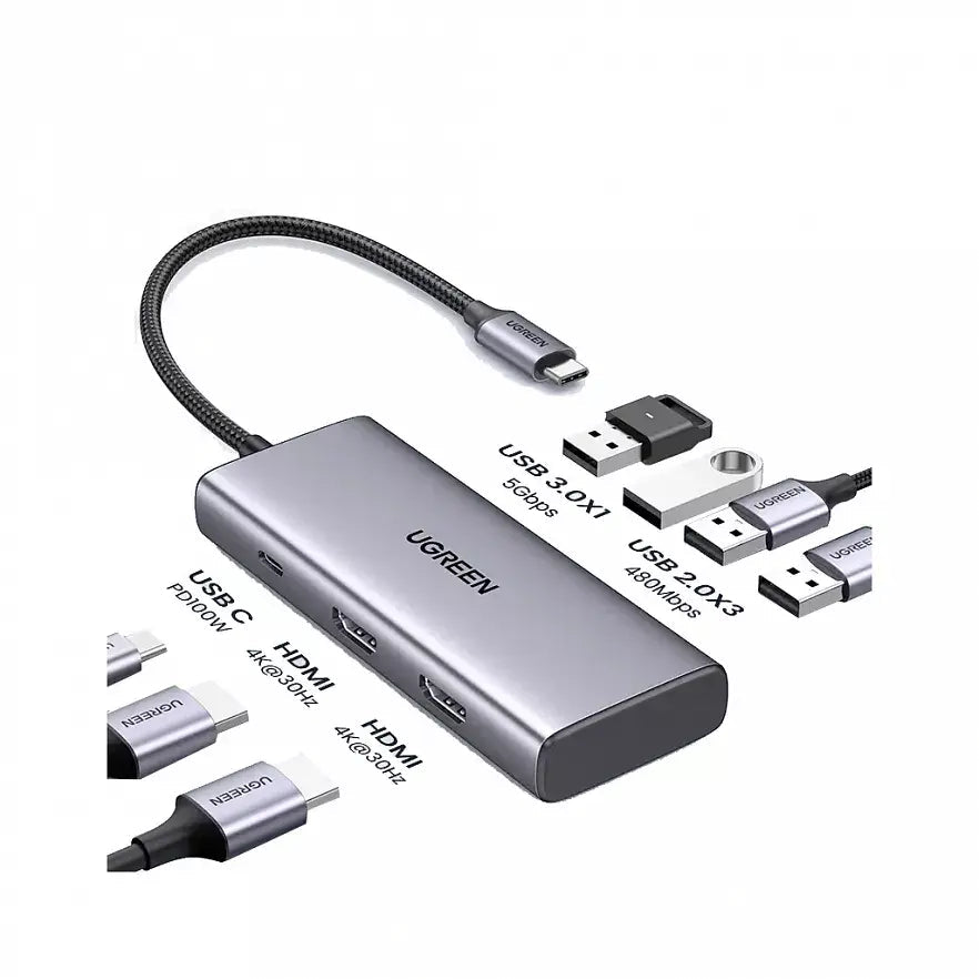 Ugreen 7 In 1 Usb C Multifunctional Adapter, 2*Hdmi, 2*Usb A 3.0, 3* Usb A 2.0, 1*100W PD (35897) - Ugreen India
