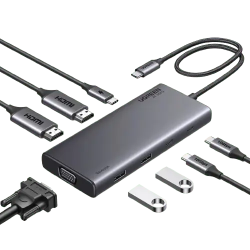 UGREEN 8 इन 1 USB C 4K डॉकिंग स्टेशन डुअल मॉनिटर, ट्रिपल डिस्प्ले USB C हब 2 HDMI, VGA, 2 USB A&amp;C 3.2 पोर्ट, 100W PD, डॉक के साथ MacBook, Dell, HP, Lenovo, Surface आदि के लिए कम्पैटिबल (35588)