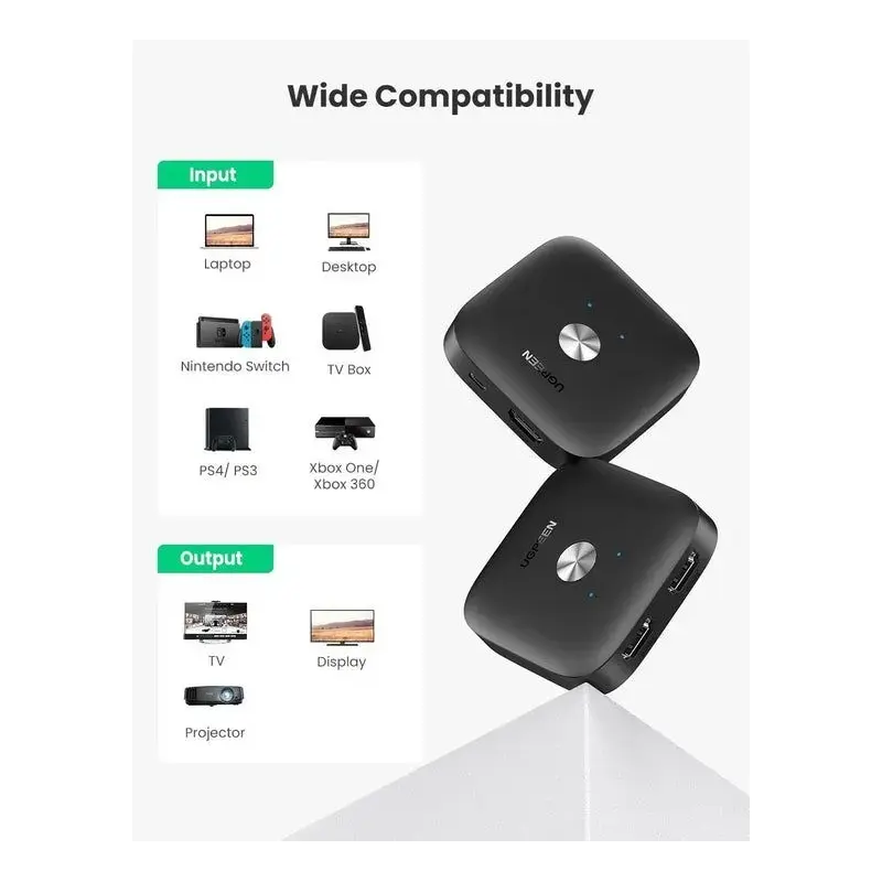 UGREEN 2 In 1 Out HDMI সুইচার সাপোর্ট 4K@60Hz 3D HD 1080P ফায়ার স্টিক, Xbox, PS3/PS4, Roku, ব্লু-রে প্লেয়ার, HDTV, প্রজেক্টর, ডিসপ্লে মনিটরের জন্য সামঞ্জস্যপূর্ণ (80126) 