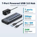 UGREEN 90307 7-port powered USB 3.0 hub: 5Gbps, per-port switches, 24W adapter