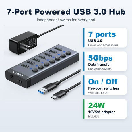 UGREEN 90307 7-port powered USB 3.0 hub: 5Gbps, per-port switches, 24W adapter