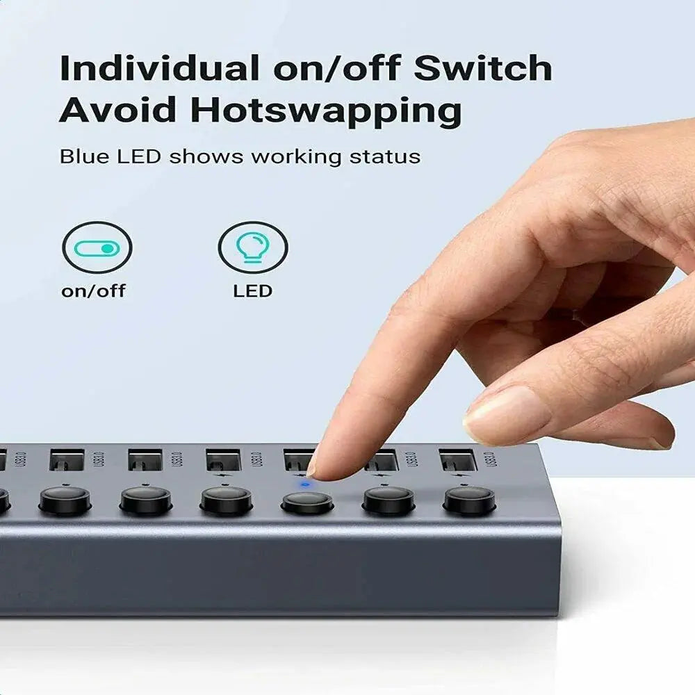 UGREEN 7-Port USB 3.0 Hub Independent Switch 24W Power Supply 12V/2A Charging Data Transfer MacBook Surface Pro7 (90307)