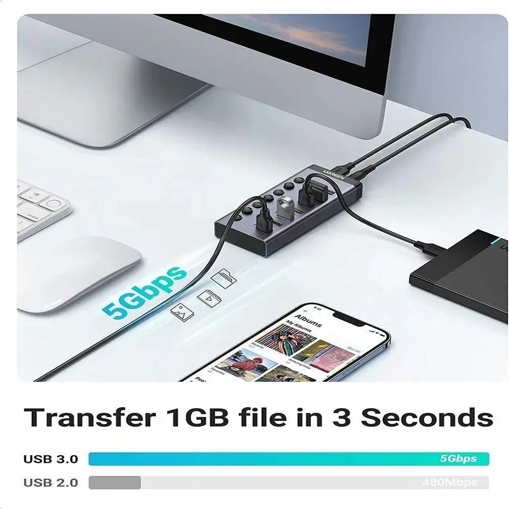 UGREEN 7-Port USB 3.0 Hub Independent Switch 24W Power Supply 12V/2A Charging Data Transfer MacBook Surface Pro7 (90307)